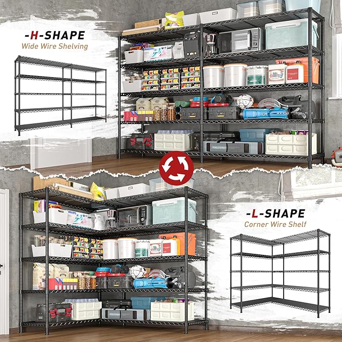 REIBII 73''W Storage Shelves Load 1650 LBS Metal Shelving 5-Tier Adjustable Heavy Duty Metal Shelves Wire Shelving Unit for Wire Shelf for Industrial Garage Pantry Kitchen,17.7"D x 73"W x 71"H, 2PCS