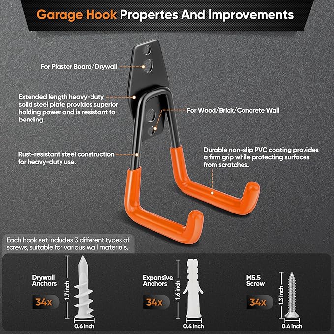 Nacial 18 Pack Garage Hooks Heavy Duty, Utility Steel Garage Storage Hook with 2 Extension Cord Storage Straps, Utility Garage Wall Mount Hooks for Hanging Bike, Ladder and Garden Tools, Orange