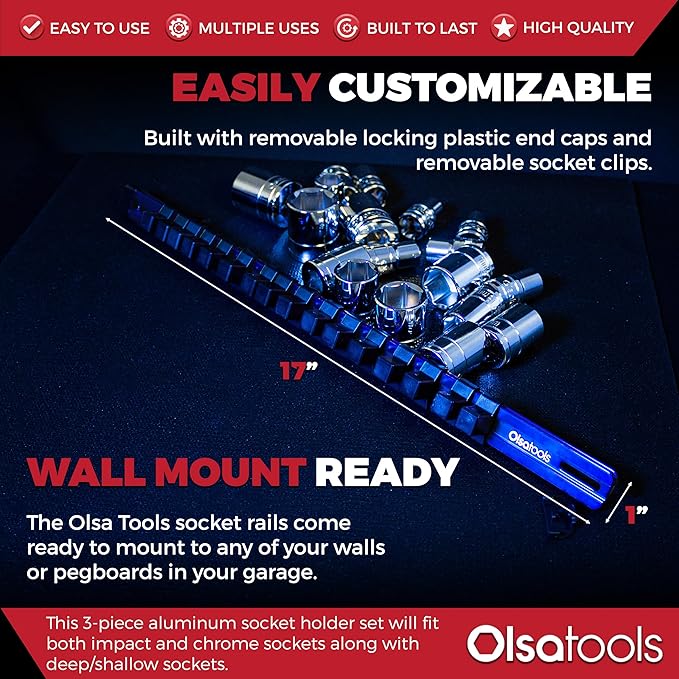 Olsa Tools 3 Pc Set Aluminum Socket Organizer with Locking End Caps | 1/4-Inch Drive x 24 Clips, 3/8-Inch Drive x 18 Clips, 1/2-Inch Drive x 16 Clips | Professional Quality Socket Holder (Blue)