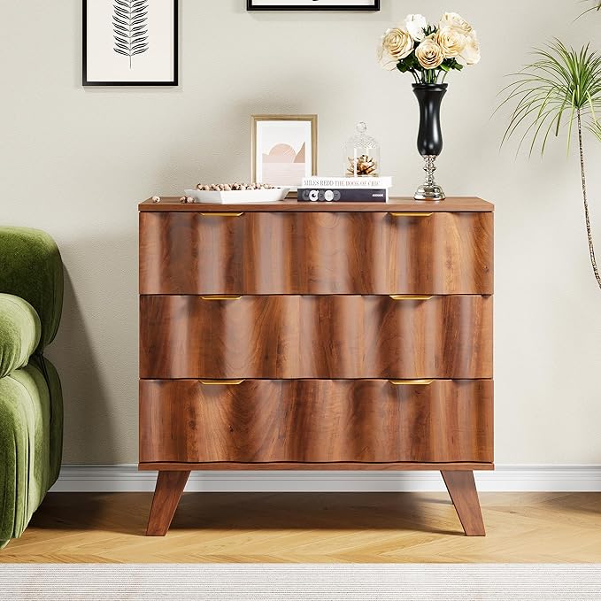 3 Drawer Dresser, Fluted Chest of Drawers with Handles for Closet, Large Nightstand with 3 Drawers Accent Cabinet for Bedroom, Living Room, Hallway (Walnut)