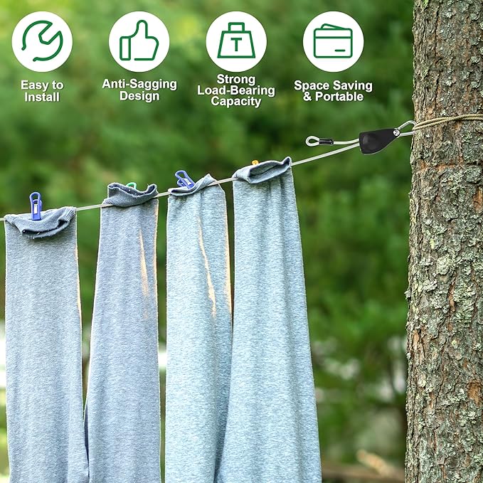 40 FT Clothes Line Outdoors, Anglecai 3/16" Retractable Wire Clothes Ropes PVC Coating Laundry Clothesline with Retractor for Outdoors Camping