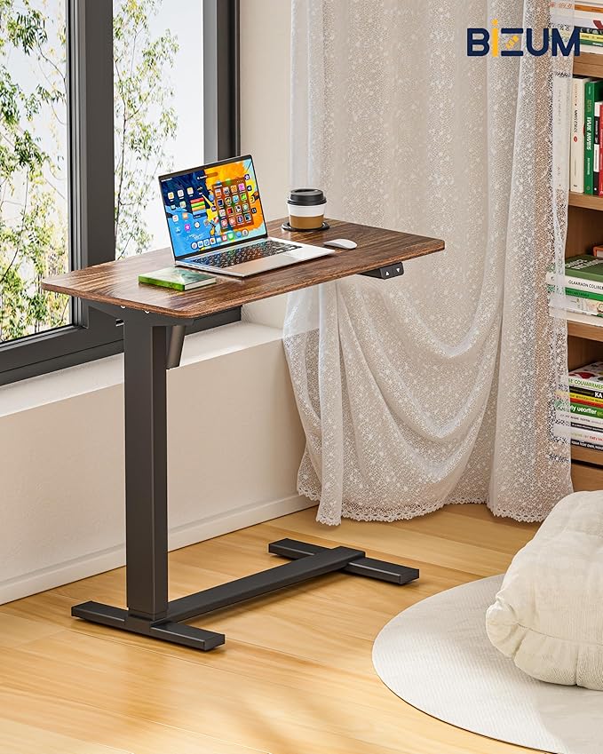 BIZUM Small Electric Standing Desk Bedside Table with Hidden Wheels 31.5 x 15.8 Inch Adjustable Computer Laptop Office Desk, Walnut