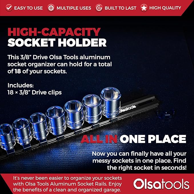 Olsa Tools Aluminum Socket Organizer with Locking End Caps - 3/8-Inch Drive - Black Socket Holder Rails for Chrome or Impact Sockets - Compact and Durable Socket Storage Solution - Part: 1179