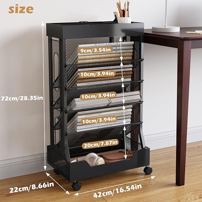 Book Cart with Wheels Mobile Bookshelf Rolling Bookshelf Organizer Bookcase Book Storage Rack, Book Movable Rolling Carts with Wheels for Office School, Black