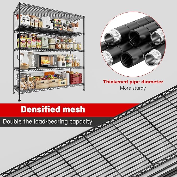 REIBII 45.8''W Storage Shelves 5 Tier Wire Shelving Metal Shelves for Storage 1000LBS Adjustable Heavy Duty Metal Shelving Unit Storage for Pantry Kitchen Garage 45.8" W x 71" H x 17.2" D 4PCS