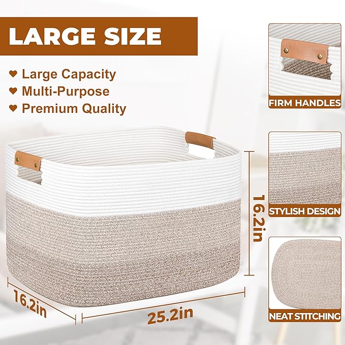 danpinera 108L Large Blanket Basket for Living Room, Woven Storage Basket with Leather Handles, Cotton Rope Storage Organization in Nursery for Toys & Clothes 25 ''* 16 ''*16 '', Gradient Brown