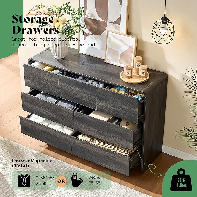 AMERLIFE 7 Drawer Dresser for Bedroom, 49" Wide Modern Chest of Storage Drawers with Rounded Corners, Anti-Tip Kit, Wood Cabinet Organizer for Closet, Living Room, Nursery, Easy Assembly, Black