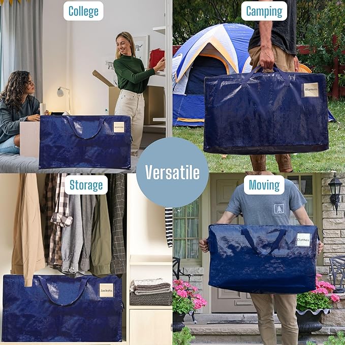 VENO 6 Pack Moving Bags and Large Christmas Decoration Storage Bins with lids. Alternative to Moving Boxes, Packing Supplies for College. Heavy Duty Totes (Blue, 6 Pack)