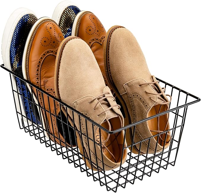Wire Storage Basket Organizer Bins Farmhouse Metal Basket Pantry Large Organizing Storage Bin Baskets for Kitchen Cabinets, Pantry, Freezer, Bathroom,Closets-Set of 3-Black