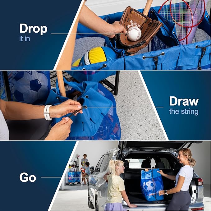 KASSELL Garage Sports Organizer Storage rack for sports equipment Ball, Heavy Duty Toy and Gear Storage Organizer with Grab and go bags (Blue)