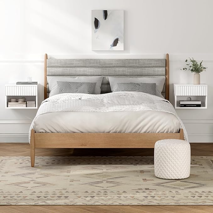 Floating TV Stands Set of 4 with Drawer and Open Shelf, Small Wall Mounted Bedside End Table, Modern Fluted Night Stand for Bedroom, Living Room, White