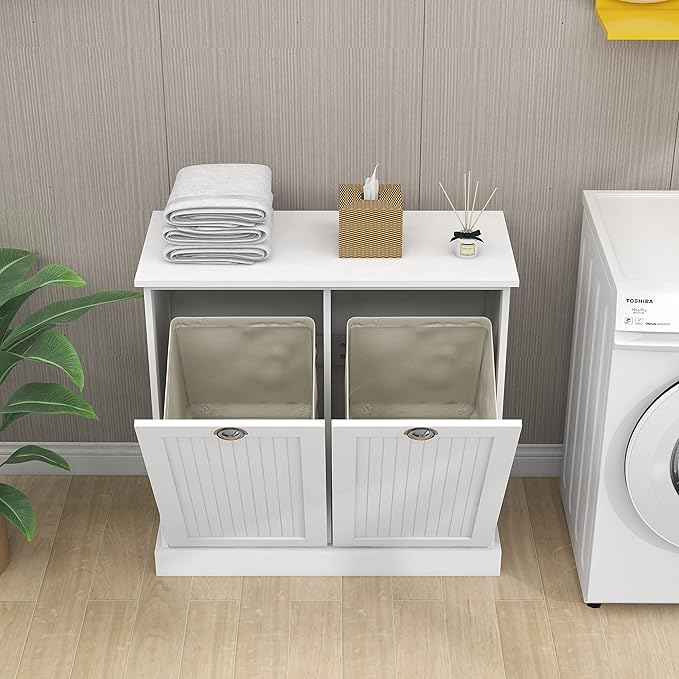 Tilt Out Laundry Hamper with Removable Basket, Hidden Laundry Hamper, Wood Bathroom Storage, Free Standing Home Organizer, White, LOC005