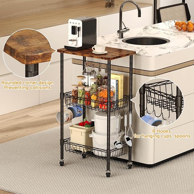 Homeiju Rolling Kitchen Storage Cart, 3-Tier Storage Rack on Caster Wheels with Adjustable 2 Baskets, Coffee Station Cart Rack Shelf Organizer for Living Room Office, Balcony, Rustic Brown/Black