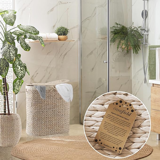 Casafield Oval Laundry Hamper with Lids and Removable Liner Bags - Whitewash, Woven Water Hyacinth 2-Section Laundry Basket Sorter for Clothes, Towels