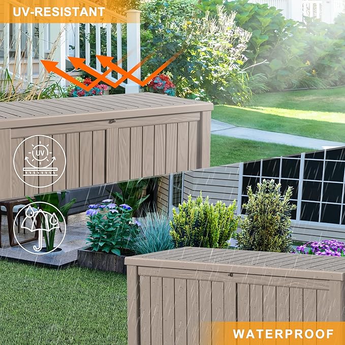 150 Gallon Outdoor Deck Box,Storage Lockable Waterproof Patio Furniture,Garden Tools,Cushions,Pool Accessories Outside Storage Resin Box(Grey)
