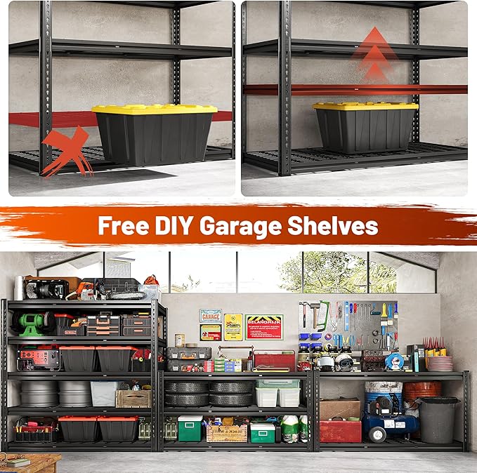 REIBII 48" W Garage Shelving 3000LBS Metal Shelving Heavy Duty Storage Shelves Adjustable Metal Shelf 5 Tier Pantry Shelves for Warehouse Garage Basement Pantry 48" W x 24" D x 72" H