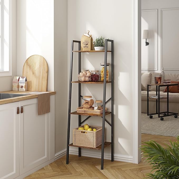 Hoctieon 4-Tier Industrial Ladder Bookshelf, Narrow Ladder Shelf, Tall Standing Bookshelf, Skinny Open Ladder Shelf, for Living Room, Home Office, Kitchen, Bedroom, Metal Frame, Rustic Brown