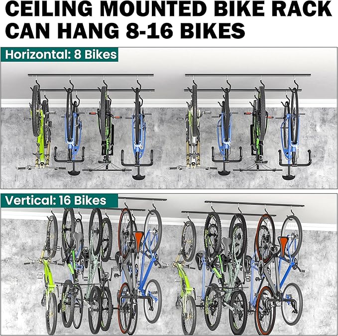 EVERHANGER Ceiling Bike Storage Racks for Garage, Indoor Bike Storage Hanger with Adjustable Bike Hooks for 8 to 16 Bikes