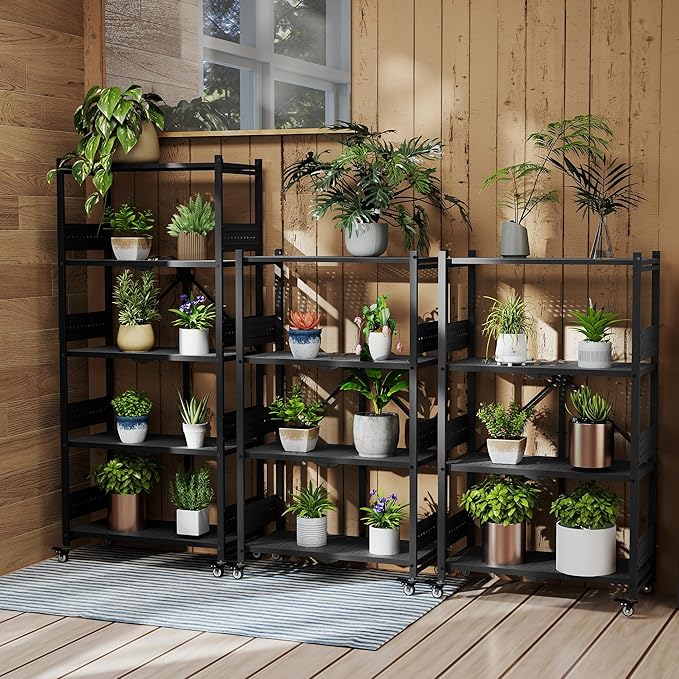 WORKPRO 4-Tier Folding Shelf, No-Assembly Metal Storage Rack with Wheels, 600 lbs Capacity (Without Wheels), Collapsible Shelving Unit for Kitchen, Pantry, Bathroom & Closet Organization