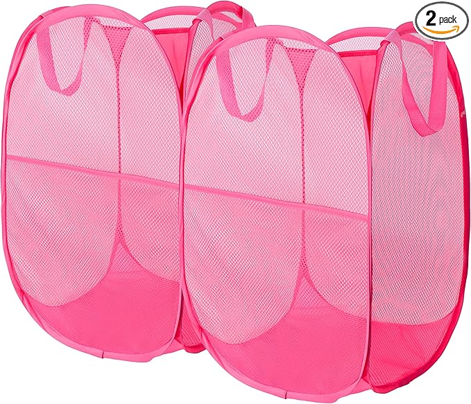 Foldable Mesh Popup Laundry Hamper,Laundry Basket Easy to Open and Fold for Dorm,Travel, College Dorms, and More (2 pink)