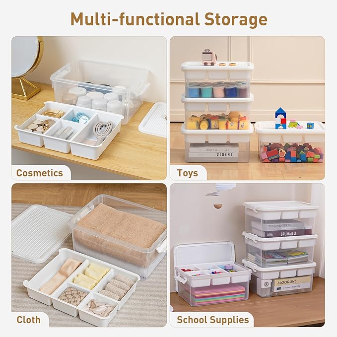 Citylife 17 QT Storage Bins with Building Baseplate Lid and Removable Tray Large Plastic Storage Bins Lego Organizers and Storage Bead, Tool, Sewing, 4 Packs