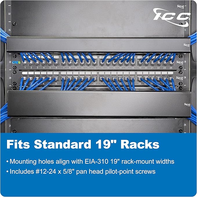 ICC 2U Ring Cable Manager Panel with Cover, Metal, 3" D-Rings, Horizontal Cable Management, Rackmount for 19” Network Racks, Black, 6-Pack