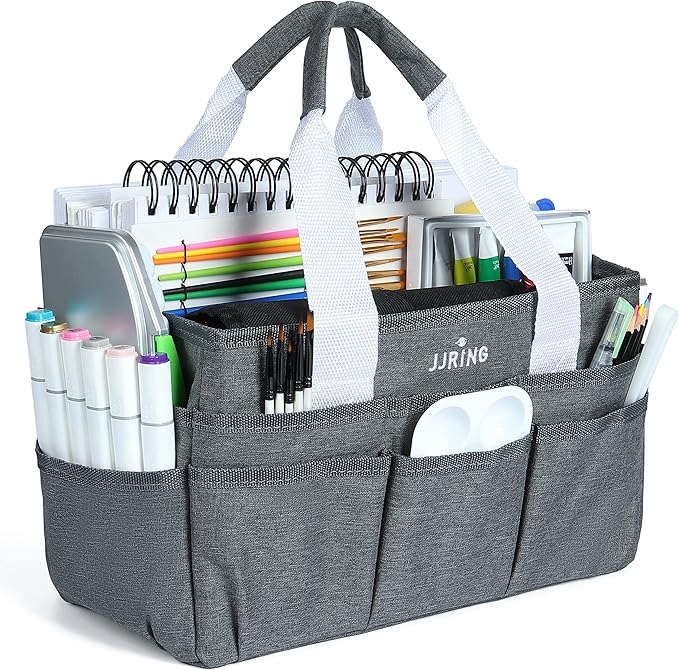 JJRING Craft Organizer Tote Bag, Art Storage Caddy with Multiple Pockets, Grey Sewing Bag for Art, Craft, Scrapbooking, Medical, and Office Supplies Storage