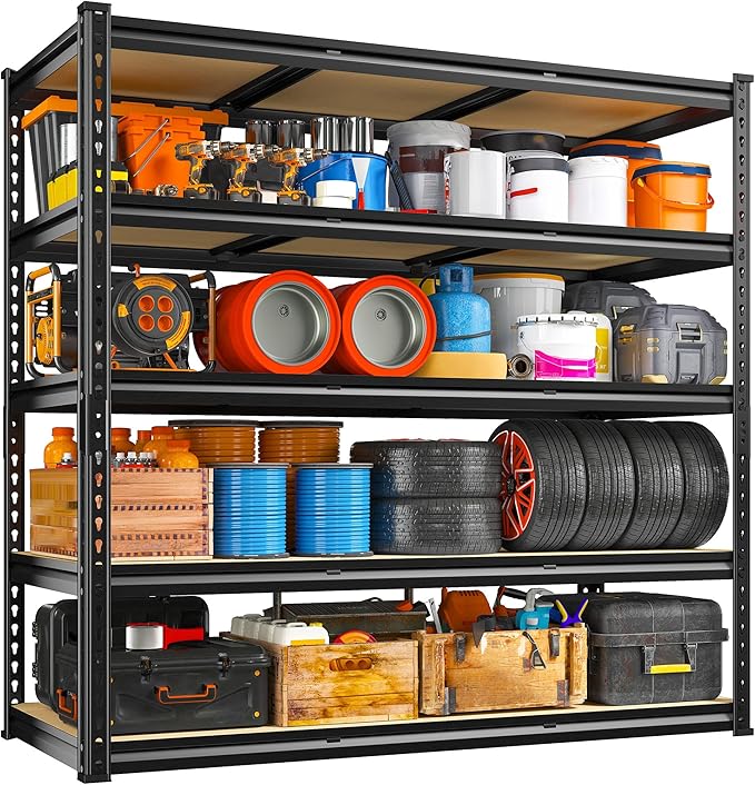REIBII 48" W Garage Shelving Heavy Duty, 3000LBS Storage Shelves, 5-Tier Adjustable Metal Shelving, Garage Shelves Sturdy Industrial Shelf, Easy Assemble, 72" H x 48" W x 18" D, 2PC