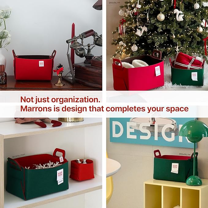 Collapsible Felt Deep Green Red Storage Bin Small 7.1"x5.1"x5.1" – Foldable Basket with Handles for Closet, Toy Storage, Laundry Room Organization, Decorative Storage Baskets for Shelves