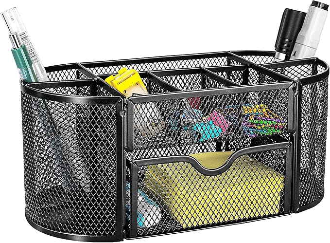 Amazon Basics Pen Holder and Desk Organizer, Office Caddy Storage, Black, ‎9.25" x 4.53" x 3.94"