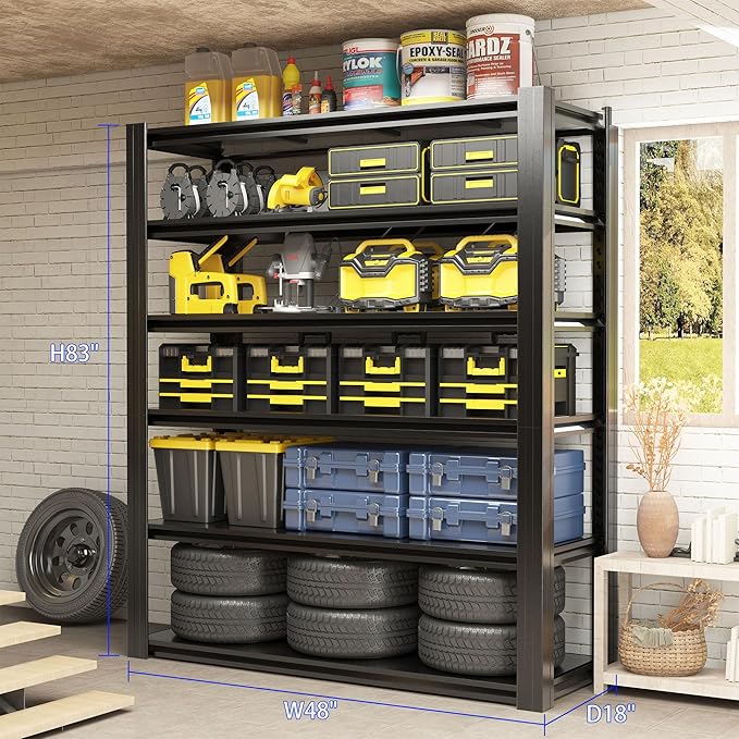 Metal Storage Shelving Heavy Duty, Shelves Unit for Garage, Adjustable 6 Tier Storage Rack, Industrial Utility Shelf for Garage, Warehouse, Basement, Kitchen, 18" D x 48" W x 82.5" H, Black