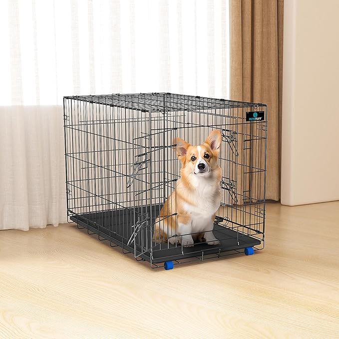 PetsTuff GREAT CRATES 48” XX-Large Dog Crate - Heavy-Duty Dog Kennel With Divider Panel For Pets 90-110lbs - Durable Leaf-Proof Tray - Foldable, Carry Handle & Wheels For Easy Moving - 2 Door Dog Cage