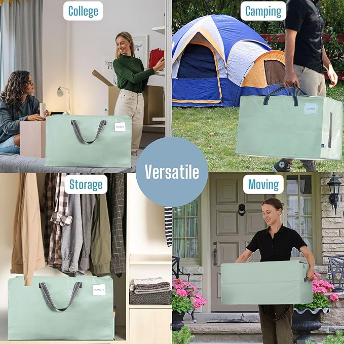 VENO 8 Pack Moving Bags and Large Christmas Decoration Storage Bins with lids. Alternative to Moving Boxes, Packing Supplies for College. Heavy Duty Totes (Shiny Light Green, 8 Pack)