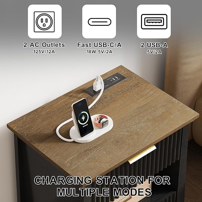 HIFYOBRO Fluted Nightstands with Charging Station & Motion Sensor Light, Modern Bedside Tables with 2 Drawers and Storage Shelf for Bedroom, Black
