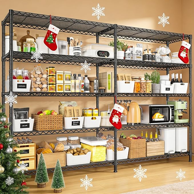 REIBII 81.5''W Storage Shelves 3680LBS Garage Shelving Heavy Duty 4 Tier Metal Shelving Unit Adjustable Wire Shelf and Storage Pantry Shelves for Kitchen Garage，81.5Wx23.62Dx70.86H，Black