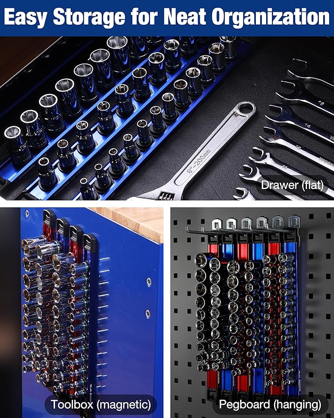 WORKPRO Magnetic Socket Organizer, 3/8" Drive Aluminum Alloy Socket Holder, Heavy Duty Socket Rail with 10 PC Removable Socket Clips, Socket Organizer Tray for Tool Box Drawer (Sockets Not Included)
