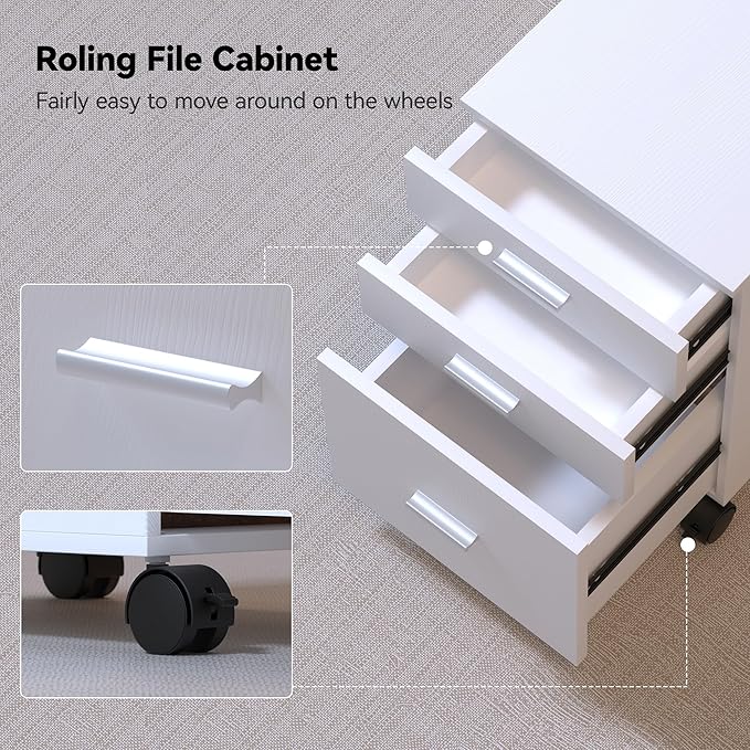 3 Drawer Mobile File Cabinet on Wheels,White Rolling Storage Cart Organizer for Letter/A4 Files, Ideal for Office, Home, Classroom Organization,Printer Stand,19" L x 16" W x 22" H