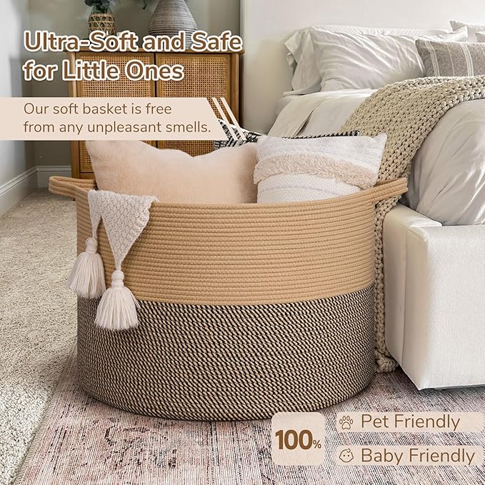 INDRESSME 115L Extra Large Blanket Basket, Woven Baskets for Storage, Wicker Storage Basket for Organizing Woven Laundry Baskets for Toy Pillow Shoe Entryway, Camel & Mix Camel