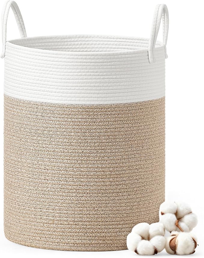 SONGMICS Laundry Hamper, Cotton Rope Laundry Basket with Handles, for Children, Toys, Clothing, Living Room, Bedroom, 15.8 Gallons, 13.8 x 13.8 x 19.7 Inches, White and Grayish Brown URLH061LZ01