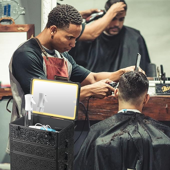 Rolling Makeup Case with Lighted Mirror, Makeup Train Case with Large Drawer, Cosmetology Case, Travel Makeup Organizers, Professional for Salon Barber, Nail, Tattoo, Black