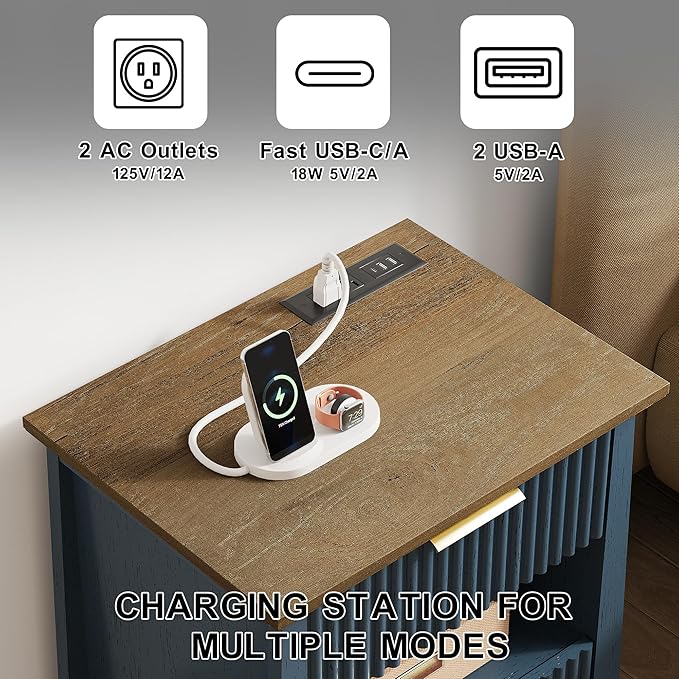 HIFYOBRO Fluted Nightstands Set of 2 with Charging Station & Motion Sensor Light, Modern Bedside Tables with 2 Drawers and Storage Shelf for Bedroom, Blue