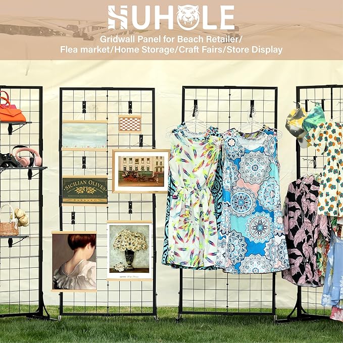 HUHOLE Gridwall Panel Display Stand, 2.2' × 5.2' Ft Movable Grid Wall Panel Display Stand, Heavy-Duty Floorstanding Wire Display with Extra 12 Hooks for Retail, Garage Organization, Craft Fairs