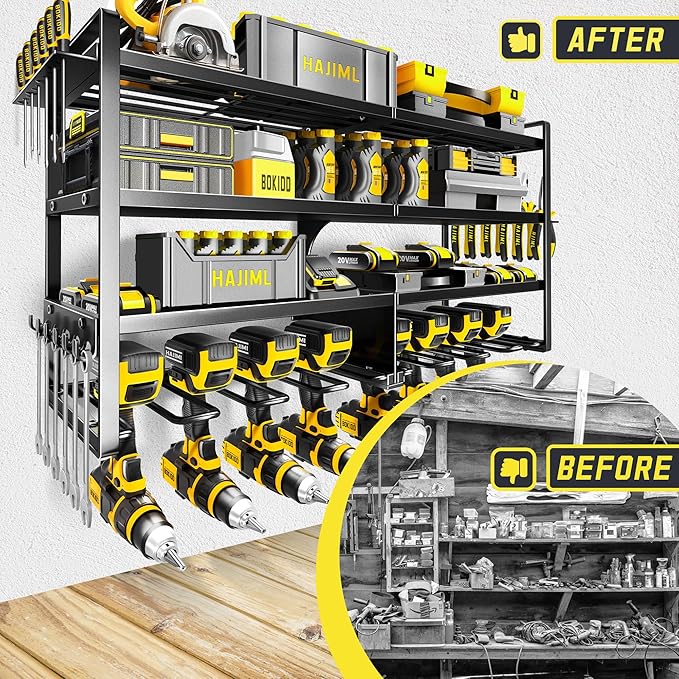 Power Tool Organizer Wall Mount,4 Layers Heavy Duty Storage Rack with 8 Drill Holder, Easy Installation, Tool Organizer Wall Mount for Garage Workshop and Home Organization.