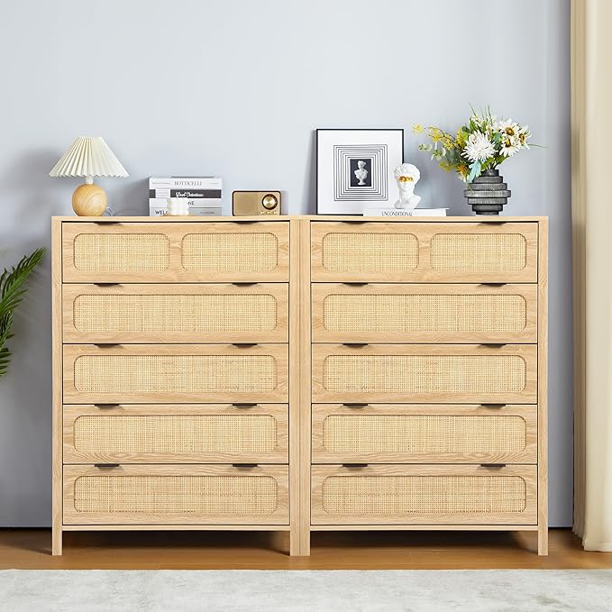 5 Drawer Dresser with Rattan Finish, Modern Farmhouse Chest of Drawers with Metal Handles, Accent Wood Storage Cabinet for Bedroom, Living Room (Natural)