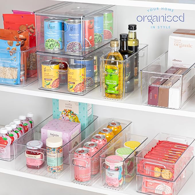 primebox Plastic Food Storage 6 Pack Clear Container Bin with Handles for Organizing Kitchen, Pantry, Refrigerator, Freezer, Pantry, Cabinet, Closet, Bathroom. 10”x4”x6”