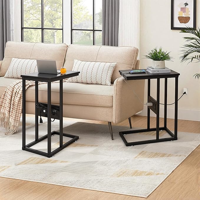 VECELO C Shaped End Side Table with Charging Station & Power Outlets for Couch Sofa/Bed, Snack TV Tray with Metal Frame for Living Room Bedroom 1 PCS, Black