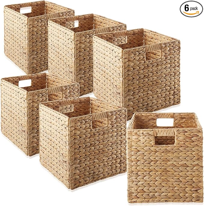 Casafield 13" x 13" Water Hyacinth Storage Baskets, Natural - Set of 6 Collapsible Cube Organizers, Woven Bins for Bathroom, Bedroom, Laundry, Pantry, Shelves