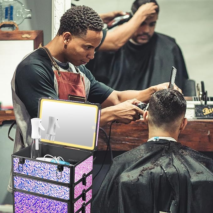 Rolling Makeup Case with Lighted Mirror, Makeup Train Case with Large Drawer, Cosmetology Case, Travel Makeup Organizers, Professional for Salon Barber, Nail, Tattoo, Multicolor Purple