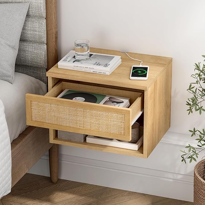 Rattan Floating TV Stands Set of 4, Wall Mounted Nightstands with Drawer and Open Compartment Modern Wood Bedside Night Stand Storage Cabinet for Living Room Bedroom, Natural Oak