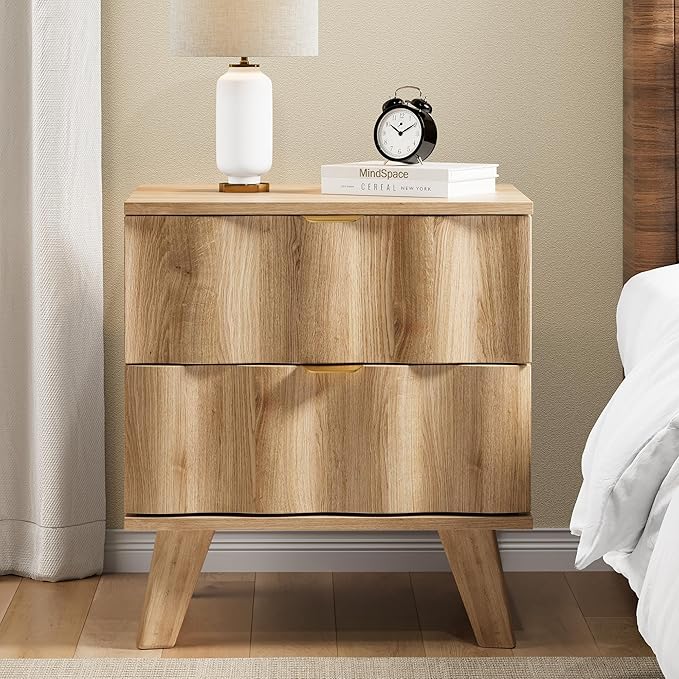 Nightstand, Bedside Table with 2 Drawers and Metal Handles, Sofa Side End Table with Storage for Bedroom, Living Room, Entryway (Natural)